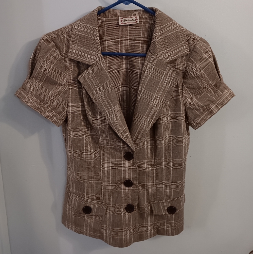 Soulmates Brown Cream Plaid Women's Short Sleeve Blazer Jacket